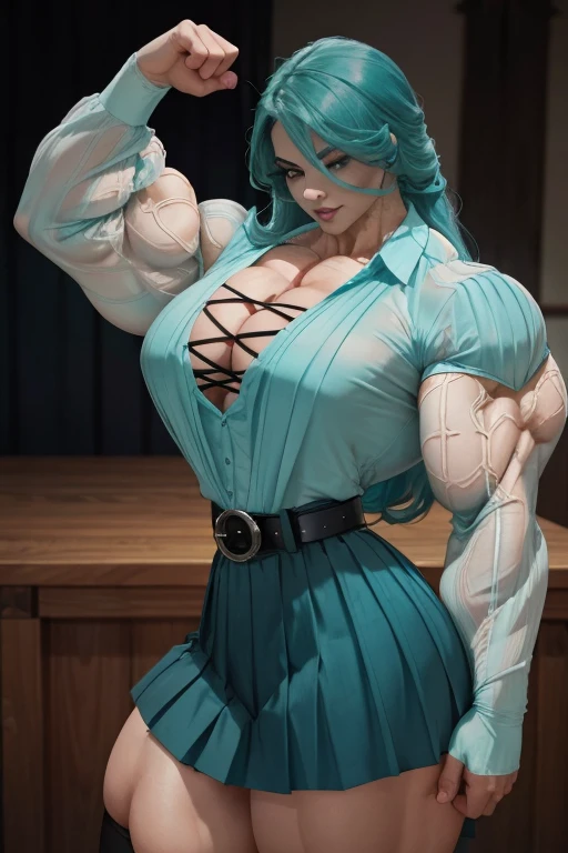 ((Close-up)), tall, (cyan hair) beautiful muscular woman, long beachy hair, pale white skinned, large breast, closed smile, (black lipstick), (massive muscles), (hyper muscle), ((ginormous bulky muscles)), purple eyes, ((((long sleeve cyan pleated shirt)))), (((black long pleated skirt with belt))), (fingerless gloves), (necktie), thigh highs, (flexing biceps), (in a morning college),