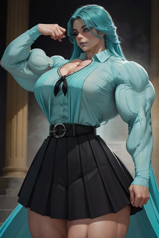 ((Close-up)), tall, (cyan hair) beautiful muscular woman, long beachy hair, pale white skinned, large breast, closed smile, (black lipstick), (massive muscles), (hyper muscle), ((ginormous bulky muscles)), purple eyes, ((((long sleeve cyan pleated shirt)))), (((black long pleated skirt with belt))), (fingerless gloves), (necktie), thigh highs, (flexing biceps), (in a morning college), 