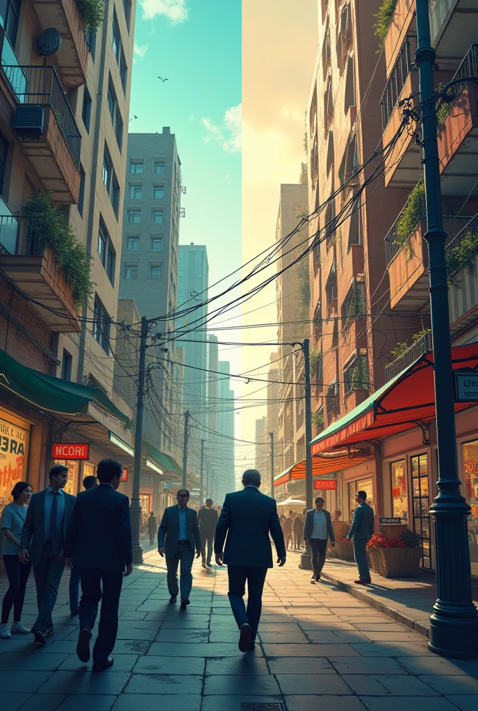 "Create an image representing the regulation of the sharing economy by the government, leading to visible signs of inequality. Depict a split scene showing two contrasting environments. On one side, illustrate a bustling, upscale setting where a few well-off individuals or businesses thrive under new regulations, enjoying benefits and high-end services. On the other side, show a less fortunate area where individuals or small businesses face difficulties due to the same regulations, highlighting struggles such as closed shops or frustrated people. Include elements like government officials or regulatory documents in the foreground to signify the oversight and impact of regulation. Use stark contrasts in lighting and color to emphasize the disparity and challenges created by the regulatory framework, capturing the tension between prosperity and inequality in the economy.