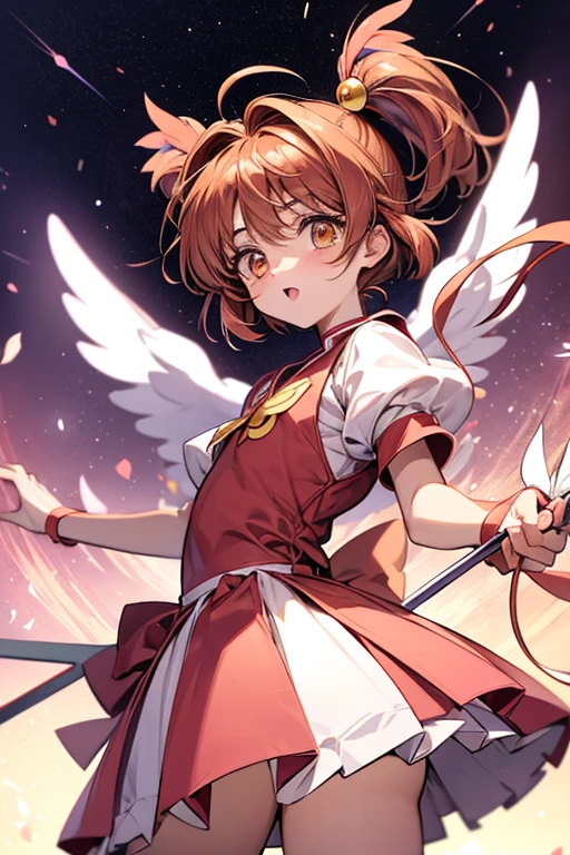 Create Sakura Kinomoto (Sakura CardCaptor) more teenage, with student clothes, standing backwards, sticking out ass, sexy position