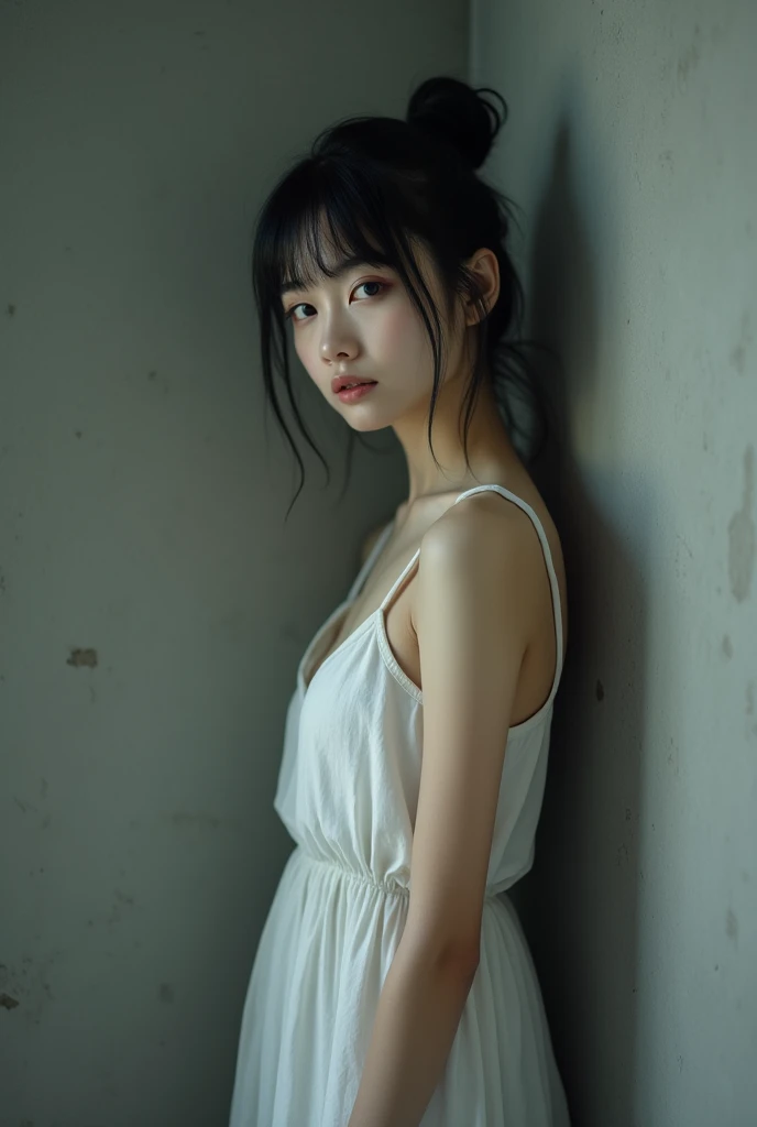 A thin and submissive woman with straight black hair tied up and black eyes is wearing a simple old white dress, standing in punishment in a corner of a gray wall she is with sweet expression looking forward with her beautiful black eyes ((photographic art)) PENSATIVE, natural beauty Slightly monochromatic image tone.