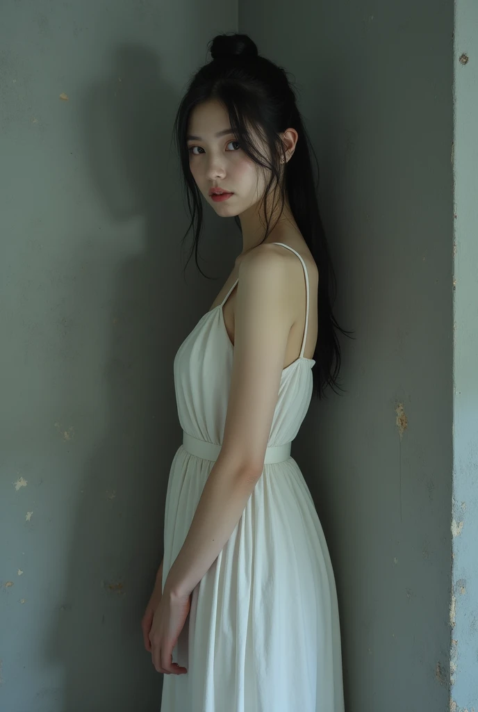 A thin and submissive woman with straight black hair tied up and black eyes is wearing a simple old white dress, standing in punishment in a corner of a gray wall she is with sweet expression looking forward with her beautiful black eyes ((photographic art)) PENSATIVE, natural beauty Slightly monochromatic image tone.