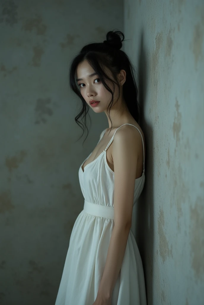 A thin and submissive woman with straight black hair tied up and black eyes is wearing a simple old white dress, standing in punishment in a corner of a gray wall she is with sweet expression looking forward with her beautiful black eyes ((photographic art)) PENSATIVE, natural beauty Slightly monochromatic image tone.