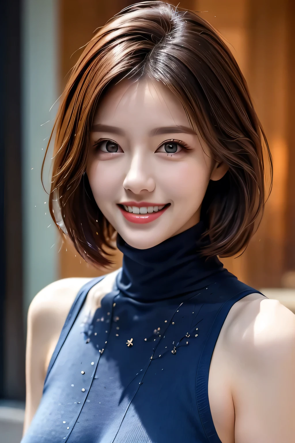 ((masterpiece)), ((Highest quality)), ((Complex)), ((Surreal)), (Realistic), (Mature Woman), ((There are no classes)), Very detailed, (1 female), Beautiful and exquisite, (Beautiful Teeth), Grin, Brunette bob hair, Brown eyes, ((Blue turtleneck)), (Upper Body), (background:none), Perfect Eyes, Captivating eyes, Looking at the audience