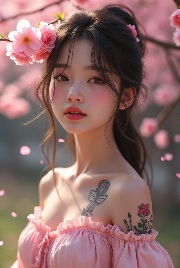 Girl , sakura  , tattoo , young ,tattoo on shoulder ,  tattoo, really real￼chest tattoo ， cute girl