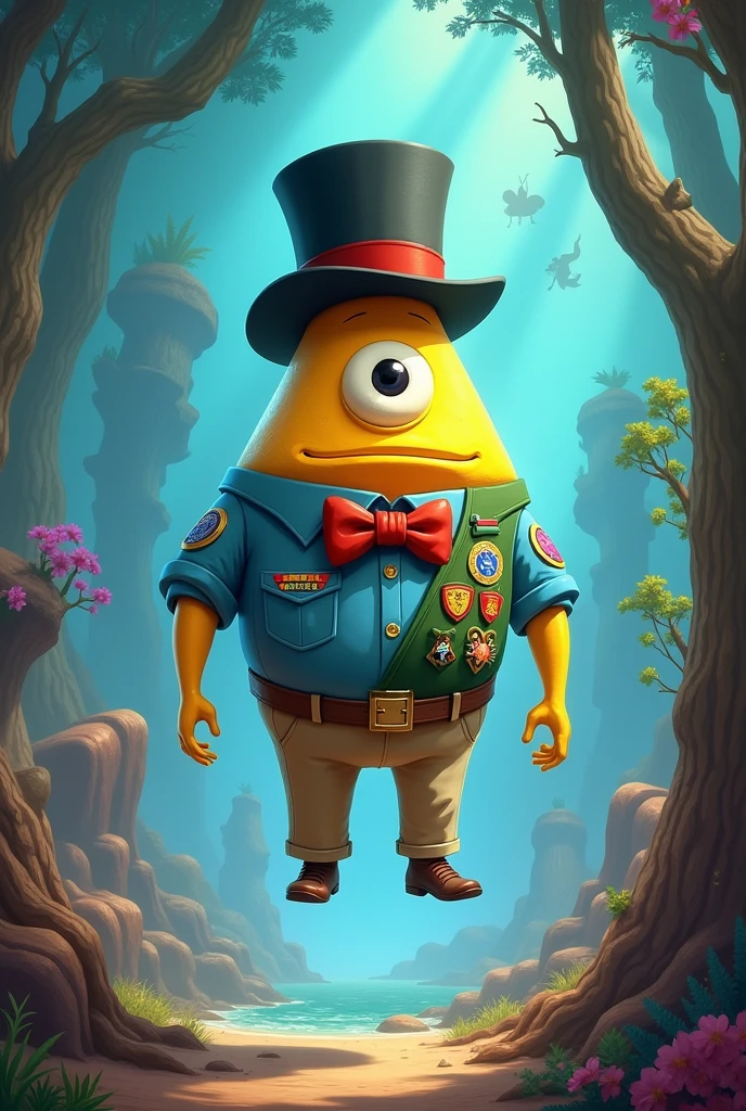 create a fan art image of bill cypher from gravity falls but with carl and russel clothes from up