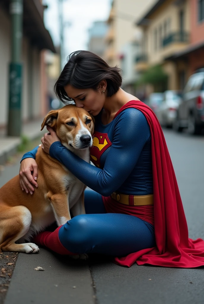 Short haired brunette woman wearing a superman costume, physically strong, sitting on the asphalt street, Hugging a dog, Grieving, side perspective, sobbing. brazil.