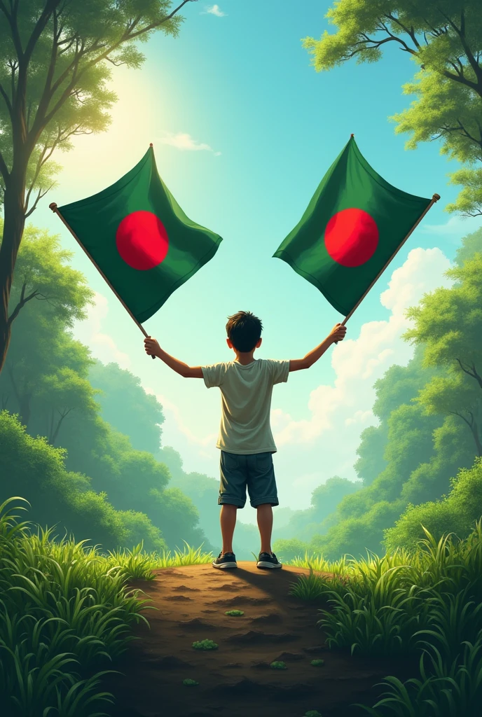 A boy is standing on a hilltop in the forest at a corner with two hands in front of the wind blowing and the boy is showing a flag of Bangladesh in one hand and Hassan in the other hand in a khali and t-shirt.