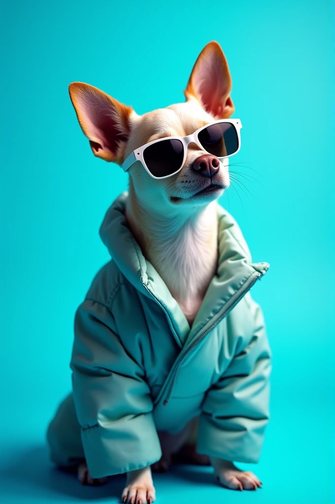 The best cell phone wallpaper, Award-Winning Wallpaper, portrait photography, In the front view is a portrait of a cute dog wearing mid-1960s space age fashion, Side view photo, Shot with Canon EOS R5, Set a strong contrast that accentuates the subject, Fluorescent blue tone, Wearing a very modern coat and sunglasses is a modern 1960s style, Clothes all in one color, beautiful background