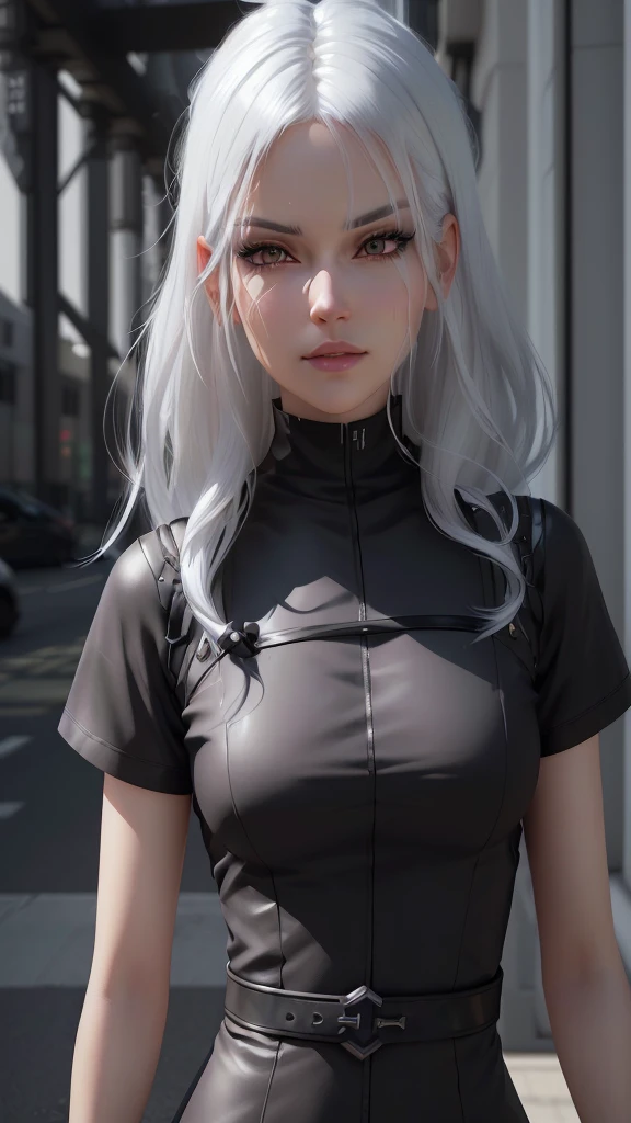 a close up of a woman with white hair wearing a black dress, cyborg - girl with silver hair, perfect white haired girl, photorealistic anime girl render, realistic anime 3 d style, deviantart artstation cgscosiety, tifa lockhart with white hair, 3 d anime realistic, smooth anime cg art, smooth digital concept art, anime styled 3d