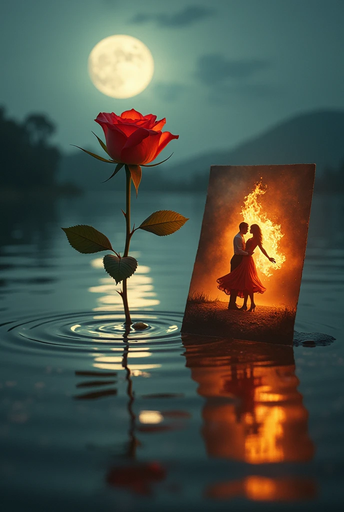 A diagonal rose in a edge of body of water reflecting the moon in the water with a burning dancing couple photo beside the rose