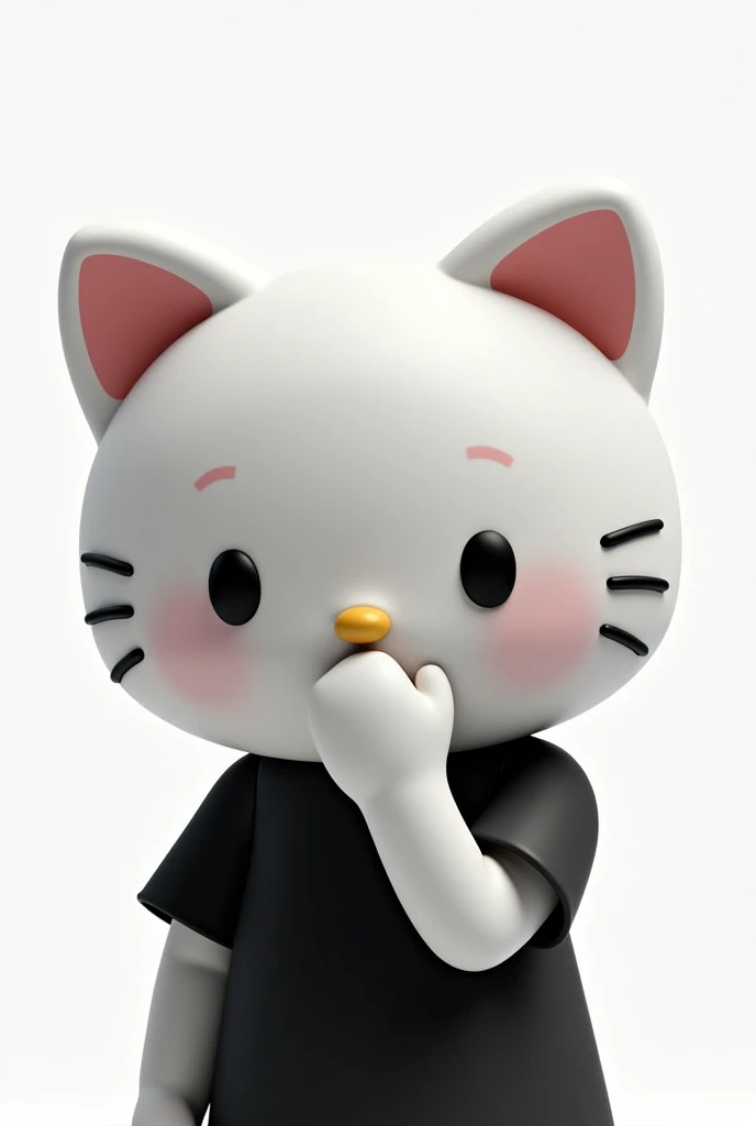 hello kitty with black shirt covering her mouth with hand white background