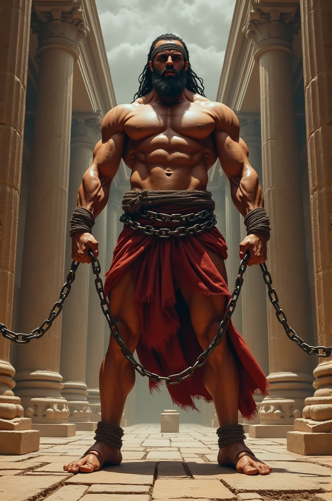 Muscular Samson with wrist chains on temple pillars with eye band laine