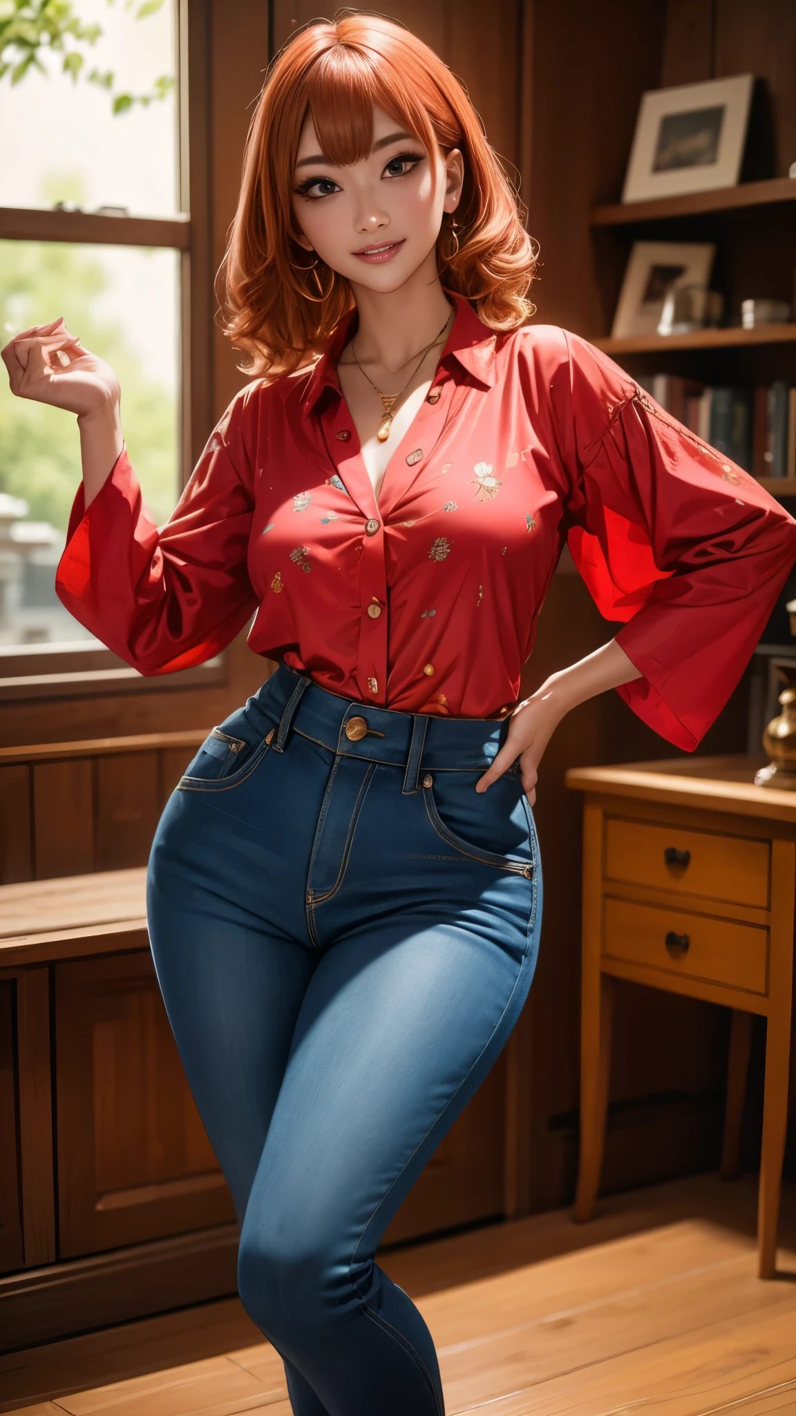 (best quality,4k,8k,highres,masterpiece:1.2),ultra-detailed, 1woman, Japanese woman, gyaru, five foot five inches tall, ginger colored hair, mole by her left eye, blue button up blouse, maroon jeans, large swollen breasts, wide hips, dancing around mid-western suburban american house, seductive pose, smiling lustfully, looking at viewer lovingly, ((intricate detail)),(((realism))), HDR, 8k, absurdres, cinestill 800, sharp focus, add_detail:2, (solo, woman)
