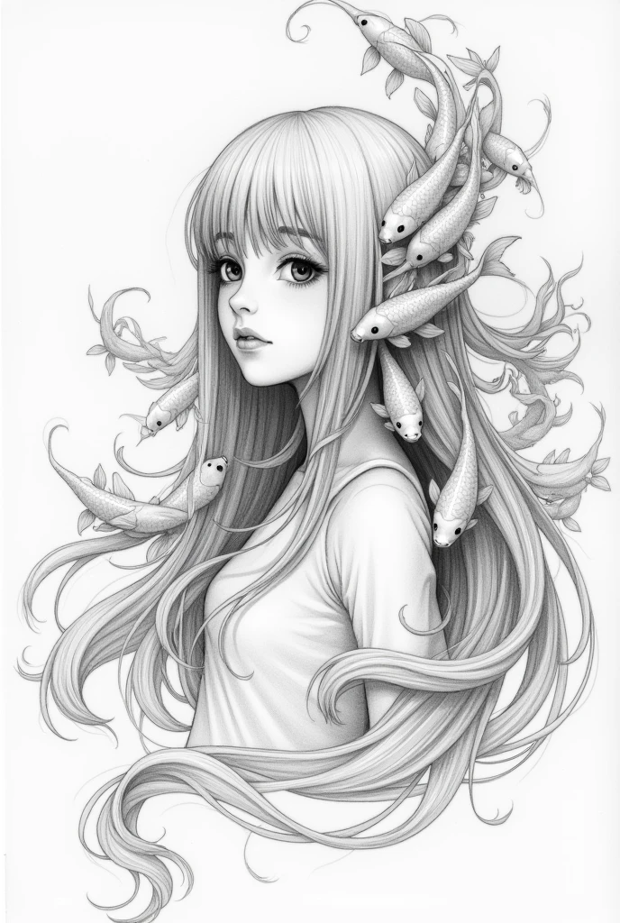 A pencil sketch of a girl who's long flowing hair turns into koi fishes, greyscale, semi-realism, less hair details, until neck human body only