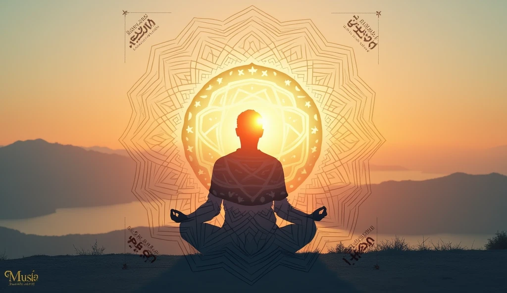 Prompt: Background: A serene natural scene, such as a sunset over mountains or a tranquil lake, with a subtle Islamic geometric pattern or design. Foreground: A semi-transparent overlay of a person in a meditative or prayerful pose, or a silhouette that conveys peace and spiritual depth. Text: Bold and clear text stating "Emotional Nasheed" and "1 Hour Relaxation Music," with a font style that reflects a calm and respectful tone. Additional Elements: Include a small "Royalty-Free" badge or icon, and consider adding an Islamic motif or calligraphy for a more culturally resonant touch. mind on islam