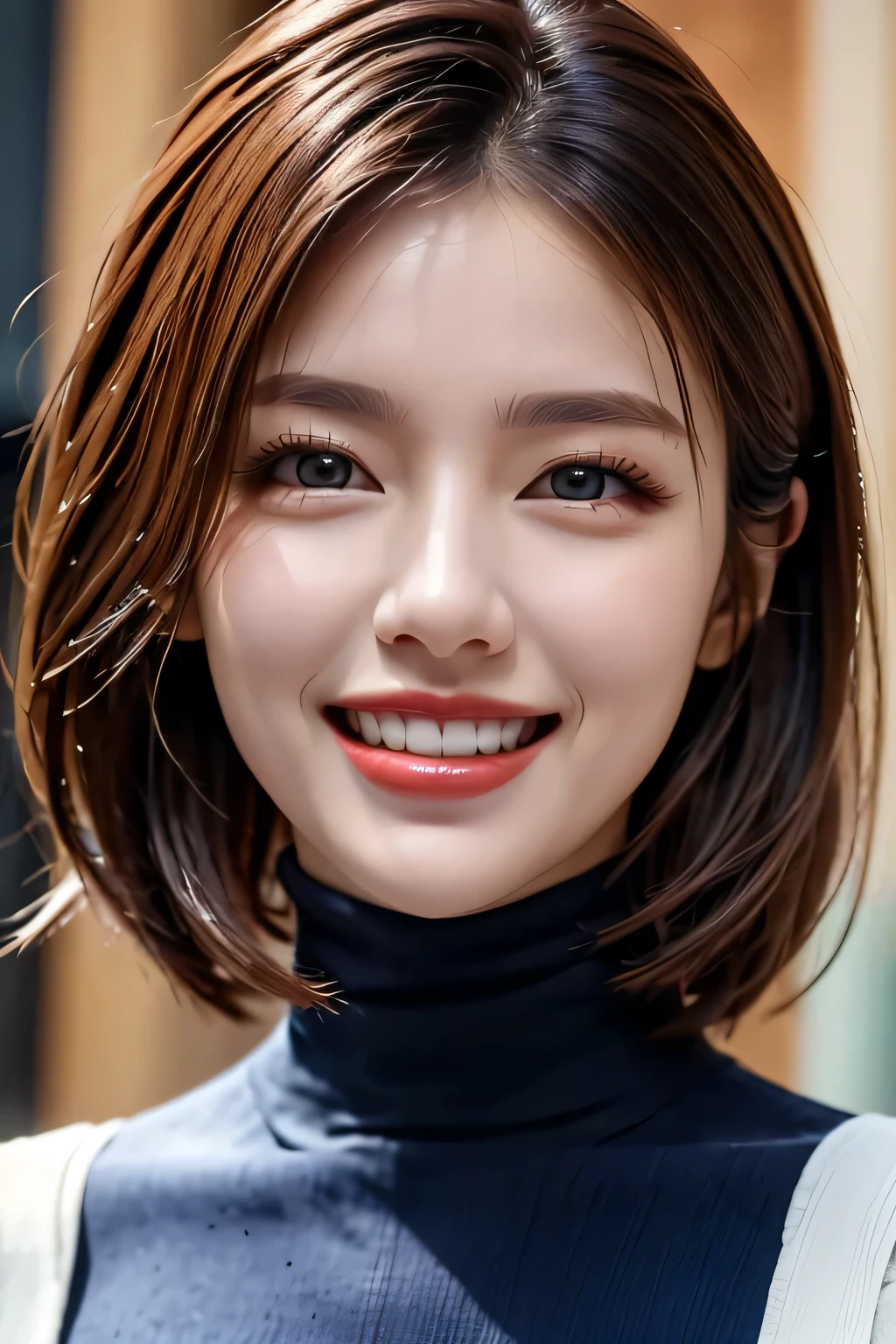 ((masterpiece)), ((Highest quality)), ((Complex)), ((Surreal)), (Realistic), (Mature Woman), ((There are no classes)), Very detailed, (1 female), Beautiful and exquisite, (Beautiful Teeth), Grin, Brunette bob hair, Brown eyes, ((Blue turtleneck)), (Upper Body), (background:none), Perfect Eyes, Captivating eyes, Looking at the audience