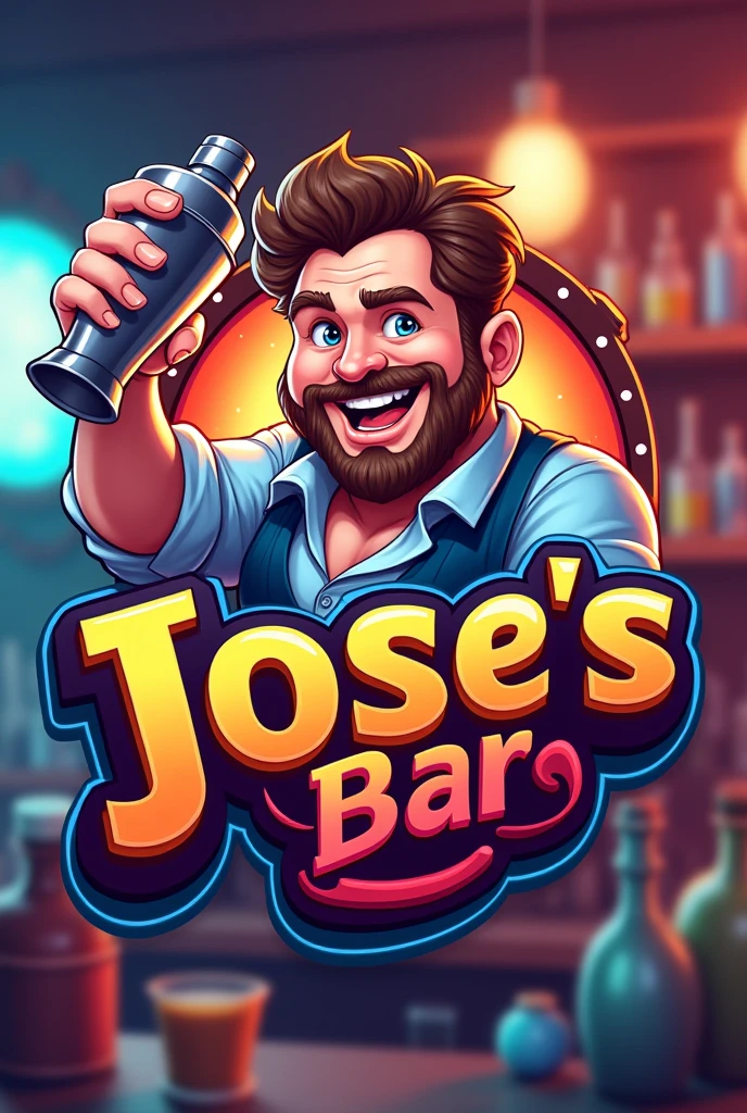 create a logo for a bar called "Jose's Bar" with bartender theme, that the man is a little chubby and does not have a beard or mustache and is shaking a shaker. that the illustration be set in 3d with a better background that does not have a beard or mustache