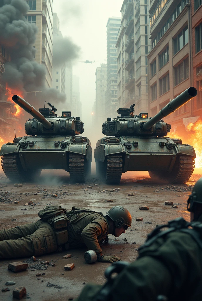 War field with 2 tank fighting ,dead soldier, and fire around the tank. On urban warfare