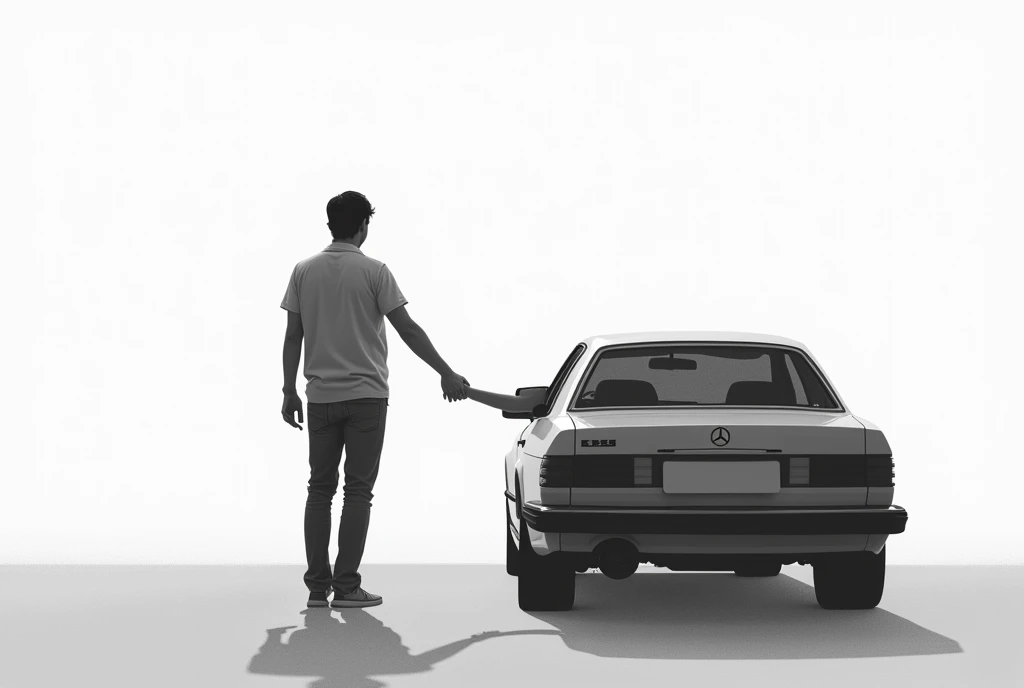 Holding hands with a car、Monochrome illustration、Cars and people are partners、Man's back view、Rear of the car、Car personification、One car、1 male、