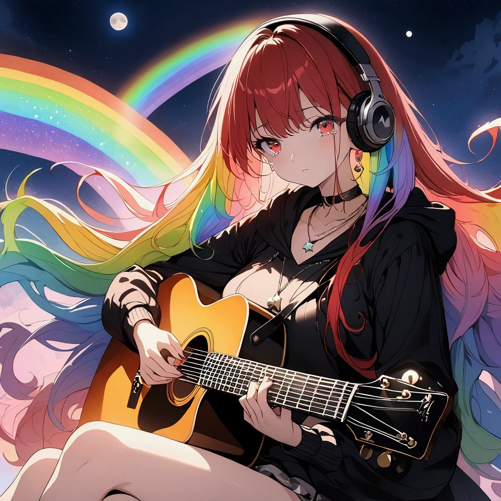 (((anime))) A woman playing the guitar,Gal,Long Hair,(Rainbow Hair),Bangs parted in the center,Black headphones,necklace,Red eyes,Big Eyes,Tears Black hoodie,Green jade letters,Volume sleeve,mini skirt,Crossing your legs,night,full moon,star,Backlight,masterpiece,Highest quality,Exquisite,8k,Absurd,Ultra-fine illustrations,(View your audience)