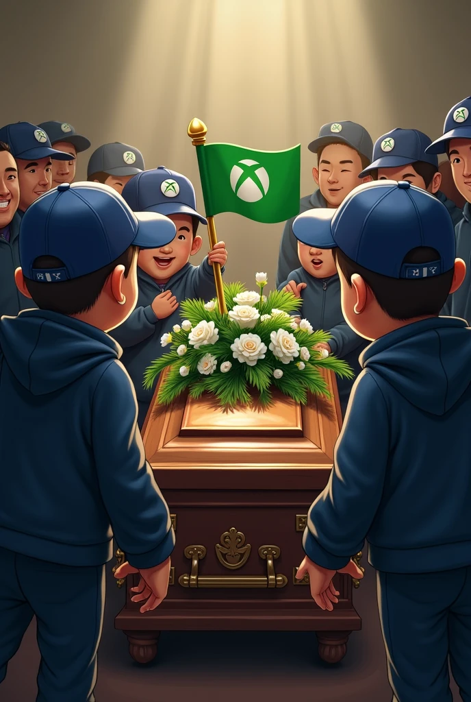 Create a realistic image of some people at a wake looking at a coffin wearing dark blue sweatpants and a blue cap with the PlayStation logo on the cap. These people are very happy and on the coffin there is a green flag with the initials XBOX..