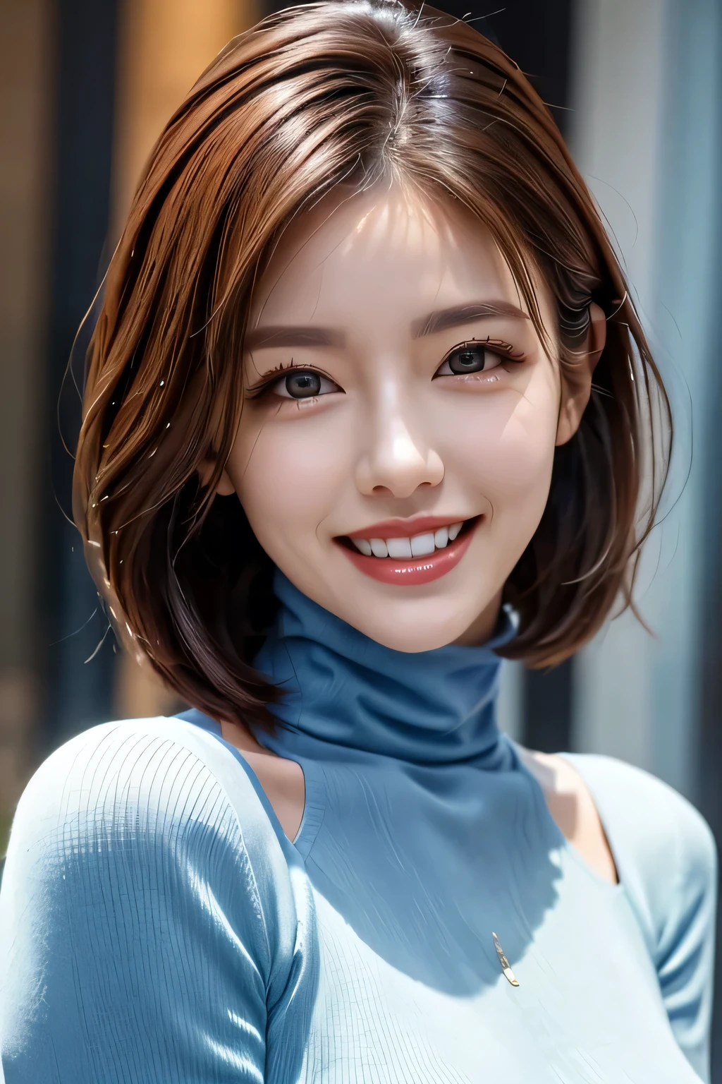 ((masterpiece)), ((Highest quality)), ((Complex)), ((Surreal)), (Realistic), (Mature Woman), ((There are no classes)), Very detailed, (1 female), Beautiful and exquisite, (Beautiful Teeth), Grin, Brunette bob hair, Brown eyes, ((Blue turtleneck)), (Upper Body), (background:none), Perfect Eyes, Captivating eyes, Looking at the audience