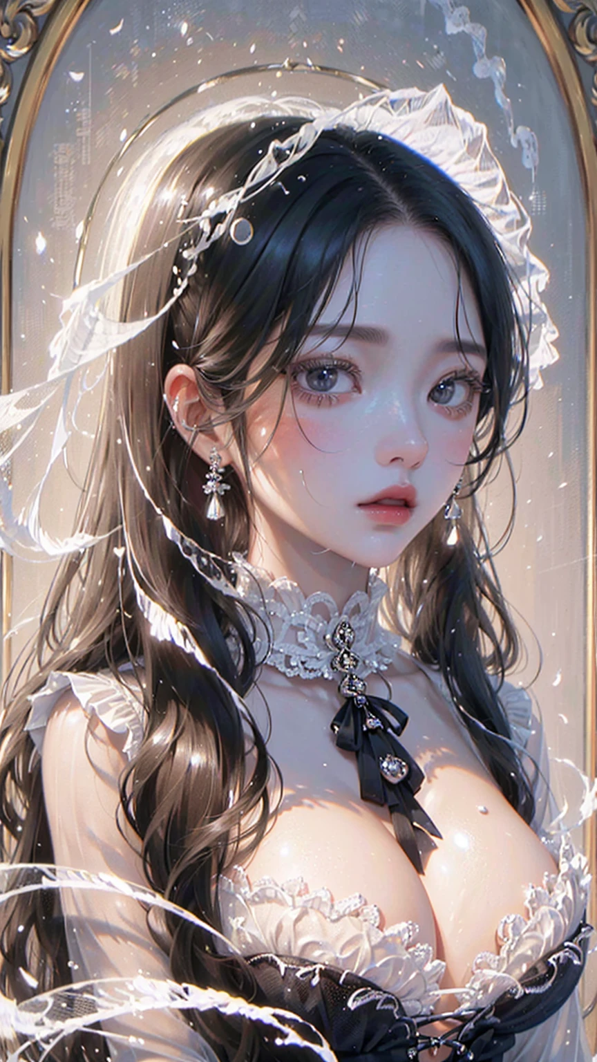 ((best quality)), ((ultra high definition)), ((masterpiece)), ((hyundai)), ((illustration)), (detailed), (clear), (Perfect), 1 woman, mature, beautiful, chic, upstage, calm, long wavy black hair, white skin, black eyes, abundant eyelashes, pretty lips, big bust, small waist, Wet see-through white blouse, Black bra