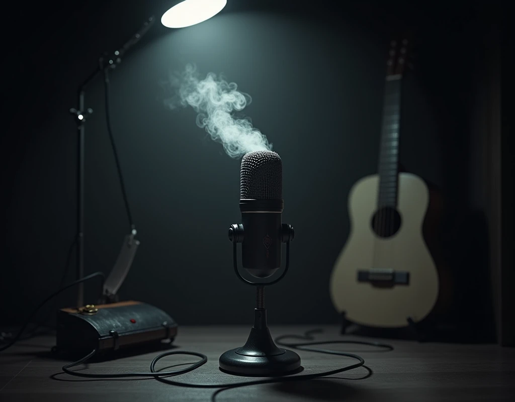 Make a dark room with a lamp above making it throw light towards the floor, the light reveals a microphone, Smoke comes out of the microphone, Behind the microphone there is a guitar and a buso