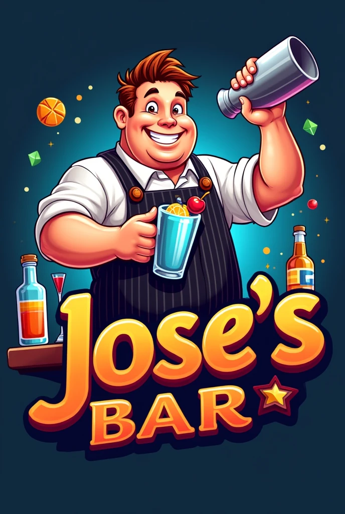 create a logo for a bar called "Jose&#39;s Bar" with bartender theme, that the man is a little chubby and does not have a beard or mustache and is shaking a shaker. that the illustration be set in 3d with a better background that does not have a beard or mustache
