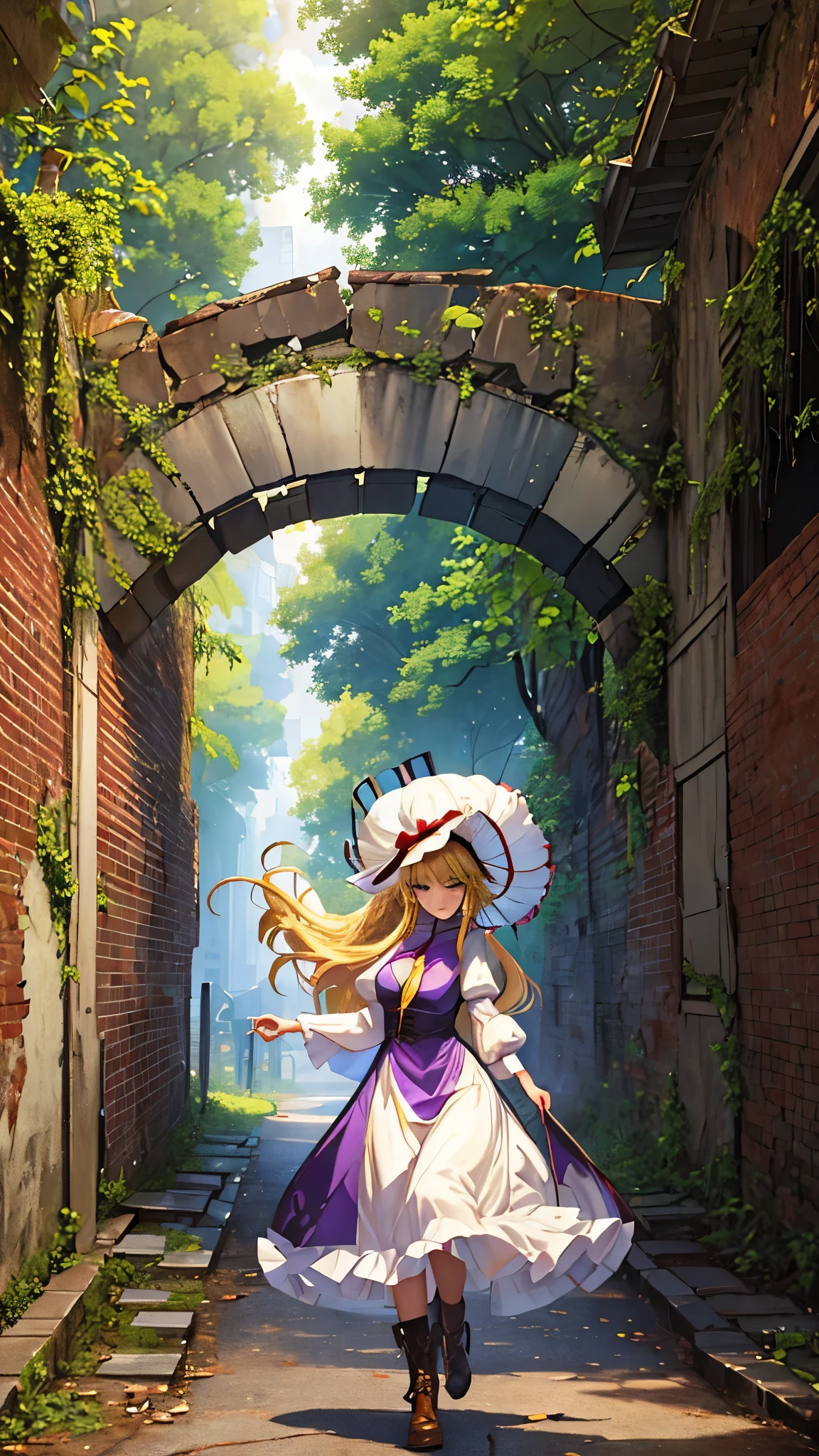  {yakumo_yukari_Touhou:1.15},Long shot of a girl standing in the ruins,Full body portrait,(((City Ruins))),(((Ruined Background))),Modern City,forestに飲み込まれた都市,Paved roads,Cracked roads,Decayed road sign,blue sky,nature,forest,parasol,Ivy-covered ruins,((masterpiece, Highest quality, Extremely detailed CG, unity 8k wallpaper )),(masterpiece, Highest quality, Highest quality, Official Art, beautiful,aesthetic:1.2),Purple Dress,Long skirt,ribbon, hat, mob cap, hat ribbon, white headwear, bangs, breasts, hair between eyes, hair bow, large breasts, very long hair,(((Blonde))),Very colorful,Very vivid,High-precision images,Ultra-high resolution,unrealistic,beautiful顔,Perfect Face,Fantastic Art,High resolution face,Detailed face