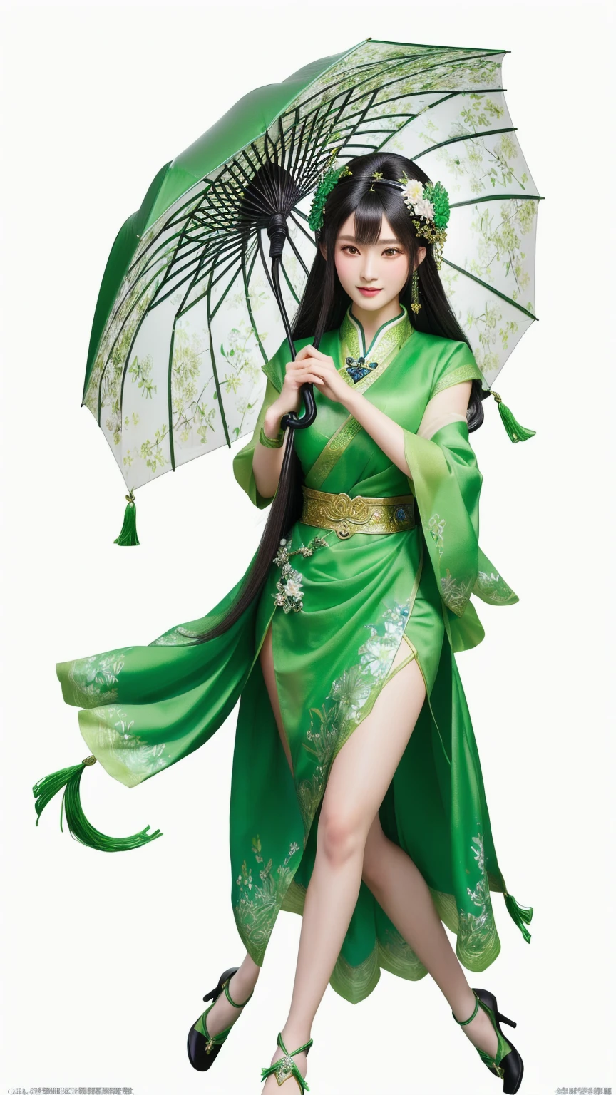 a close up of a woman in a green dress holding an umbrella, full body xianxia, zhongli from genshin impact, goddess, extremely detailed artgerm, keqing from genshin impact, lady palutena,