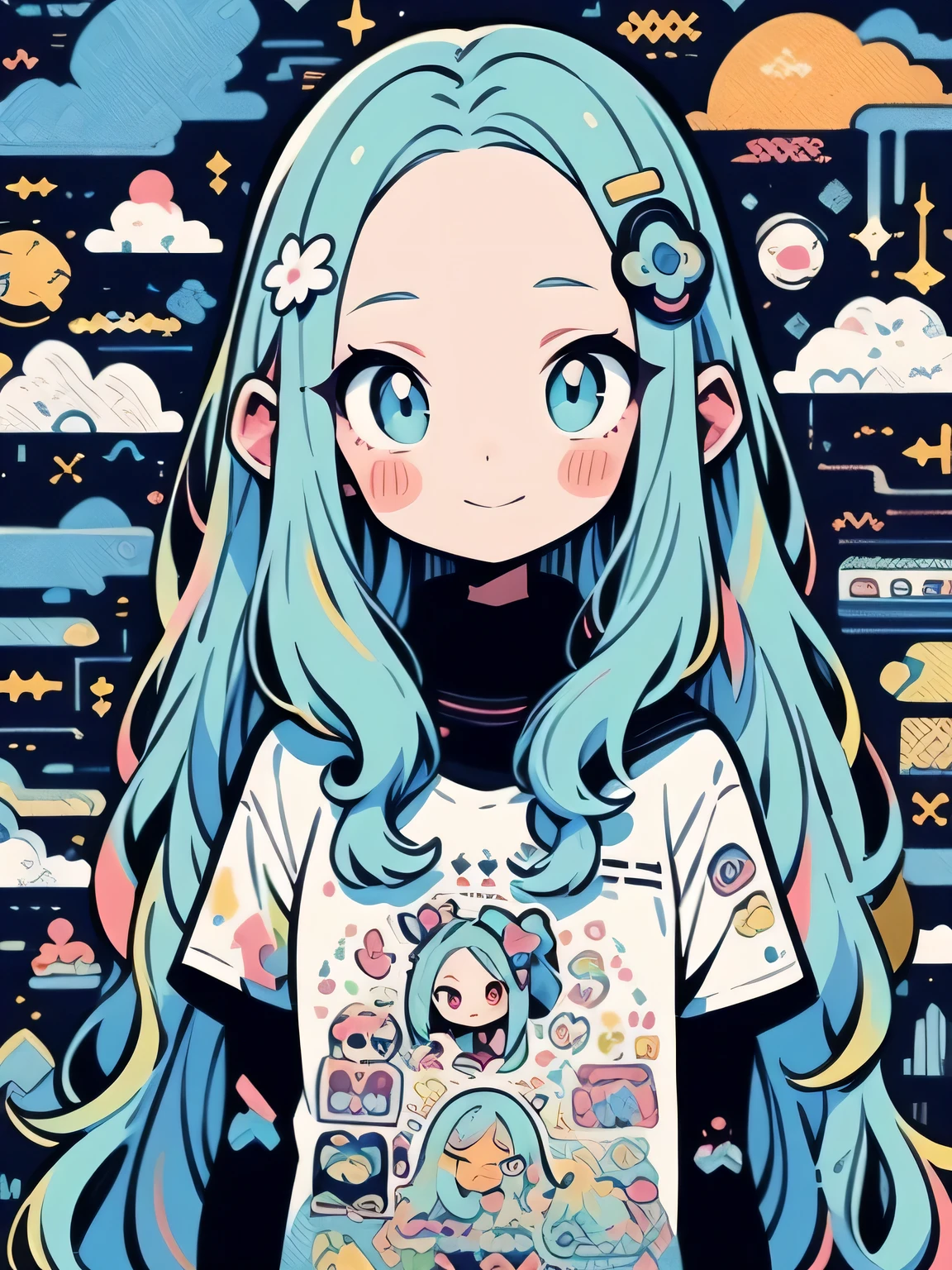 hightquality、Colorful color palette、high-level image quality、Kawaii Girl、(big forehead),long thin straight hair,Unprecedented amount of drawing、anime styled、Geometric pattern background、front facing、sticker style
