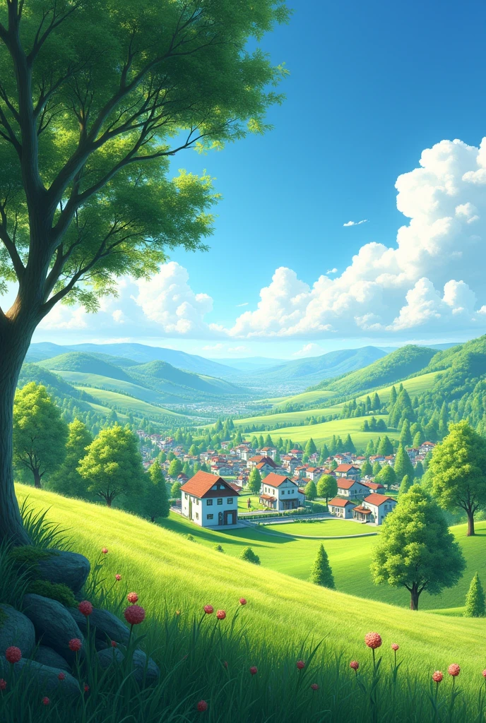 A beautiful modern village, rolling hills , closer tree on the left, fields, small red flower,blue sky, sun, detailed landscape , 8K, highly detailed, realistic, HDR,