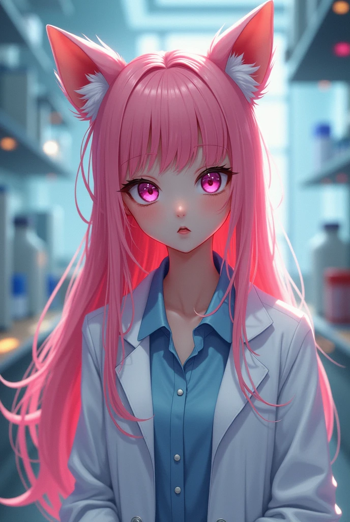 I have long hair　Pink Hair　Dog ears　Pink Eyes　Researcher　woman