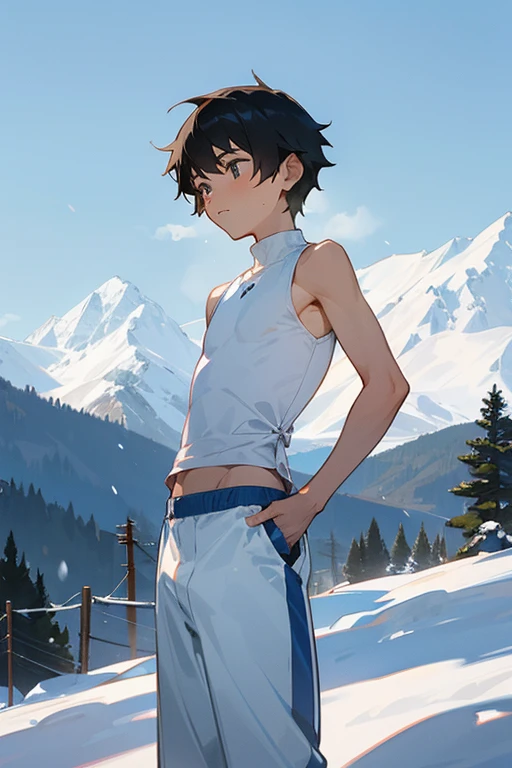 Snowy mountains in the background、An elementary school boy standing wearing a tight white Y-back tank top