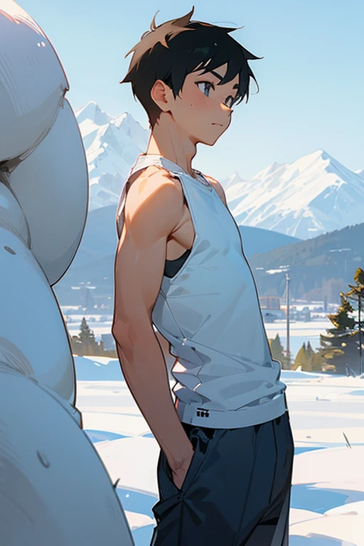 Snowy mountains in the background、An elementary school boy standing wearing a tight white Y-back tank top