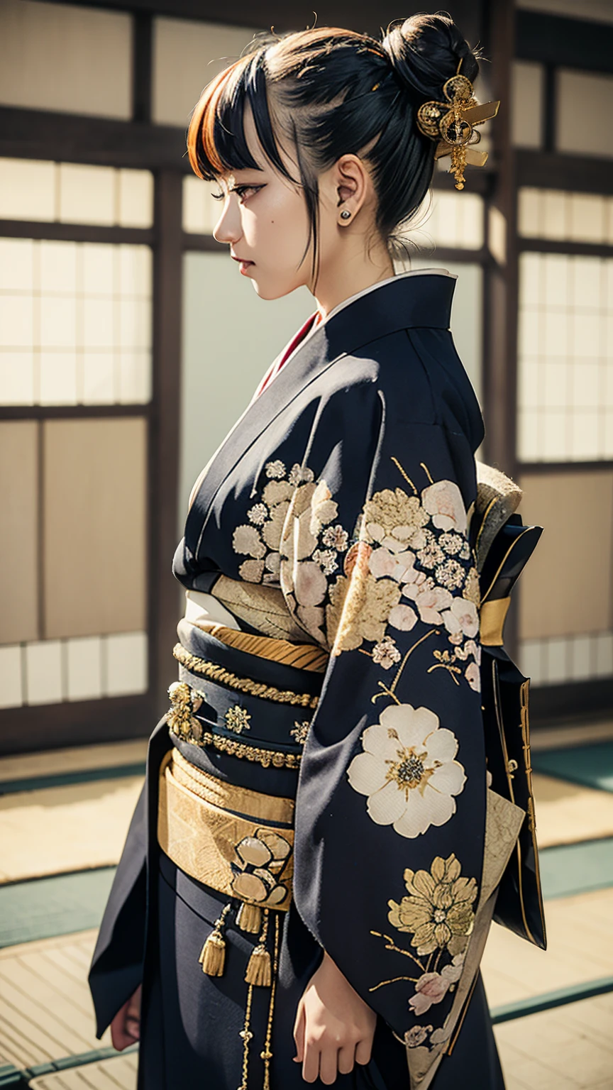 masterpiece, Highest quality, A solemn Japanese-style room with tatami mats, A large photograph of a woman from head to waist, profile, Chain-themed accessories, (Punk rock kimono, black地に赤+gold:1.3), (black+Orange Hair Color, Mid-length hair, Bun Hair), (blackい瞳, Sparkling eyes), (Lots of eyelashes)