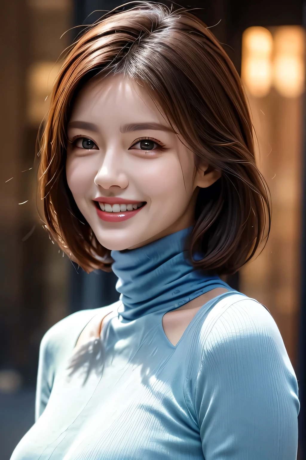 ((masterpiece)), ((Highest quality)), ((Complex)), ((Surreal)), (Realistic), (Mature Woman), ((There are no classes)), Very detailed, (1 female), Beautiful and exquisite, (Beautiful Teeth), Grin, Brunette bob hair, Brown eyes, ((Blue turtleneck)), (Upper Body), (background:none), Perfect Eyes, Captivating eyes, Looking at the audience