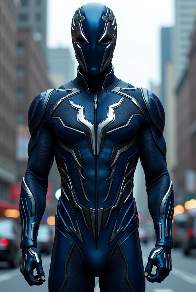 create a costume for men that has super power of wind, but the costume is dark blue with a touch of silver and black. the detailed and texture of the costume is visible, 