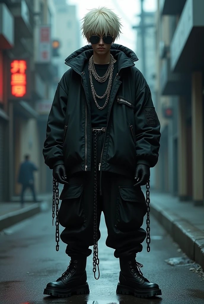 a trap artits, male, dark blonde hair, male, man, with oversized black clothes, chains, boots, with ghost in the shell anime references and images, big sunglasses, the background is a dark street