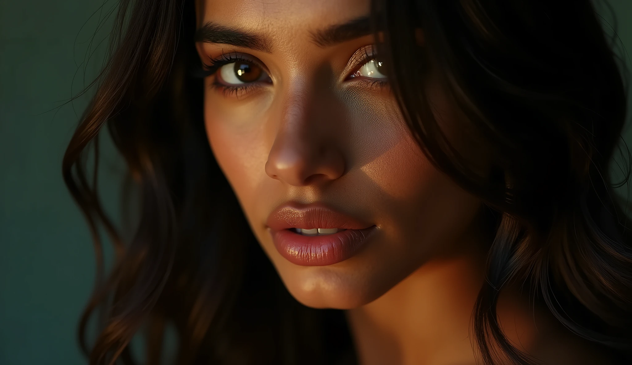 intricate detailed portrait of a beautiful woman, photorealistic, highly detailed face, piercing eyes, lush hair, detailed skin texture, sharp focus, vibrant colors, dramatic lighting, cinematic composition, hyper realistic, 8k, masterpiece, stunning beauty, flawless skin, elegant pose, chiaroscuro lighting, dramatic shadows and highlights, glowing skin, detailed jewelry, intricate hair, glossy lips, realistic pores and freckles