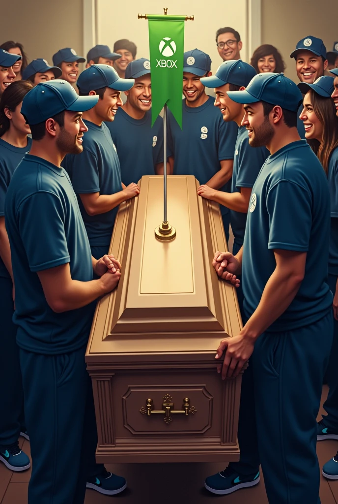 Create a realistic image of some people at a wake looking at a coffin wearing dark blue sweatpants and a blue cap with the PlayStation logo on the cap. These people are very happy and on the coffin there is a green flag with the initials XBOX..
