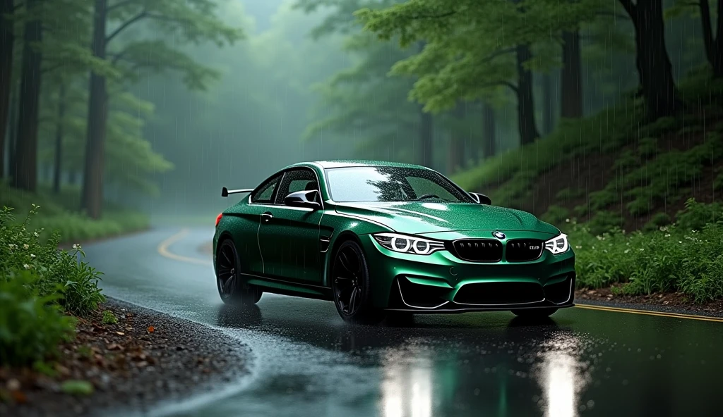 BMW M4 competition dark green colour on the road of forest with rain