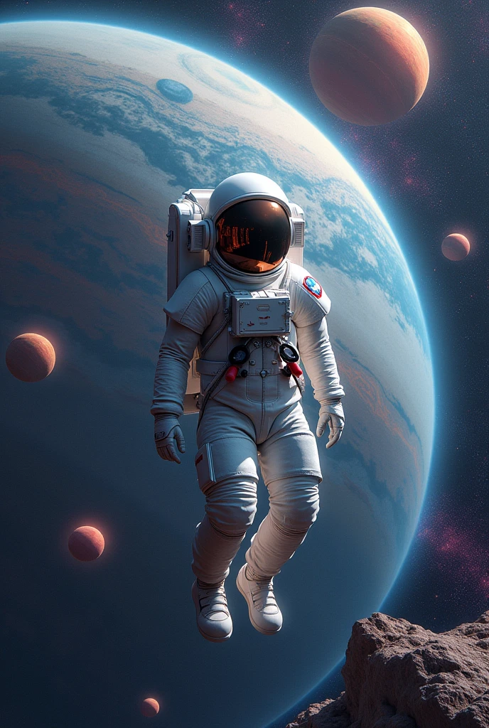 Imagine a man in an astronaut suit in space with several planets and bright stars behind him