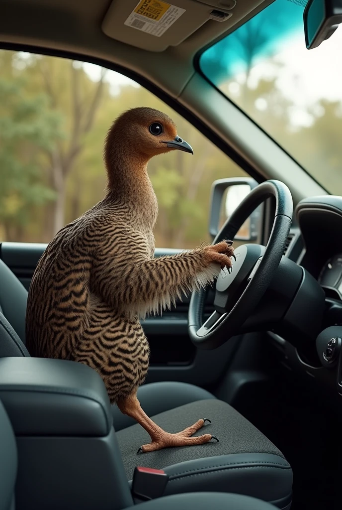 Make a Brazilian partridge (rhynchotus rufescens ) driving with the wings a black RAM 3500 the partridge driving with the wings the partridge INSIDE THE CAR perfectly and with the WINGS HOLDING THE STEERING WHEEL NOT THE LEGS and LEAVE THE HEAD BROWN and PUT( THE WINGS HOLDING THE STEERING WHEEL)  WINGS HOLDING THE STEERING WHEEL AND THE PARTRIDGE IS DRIVING put feathers on the arms 

