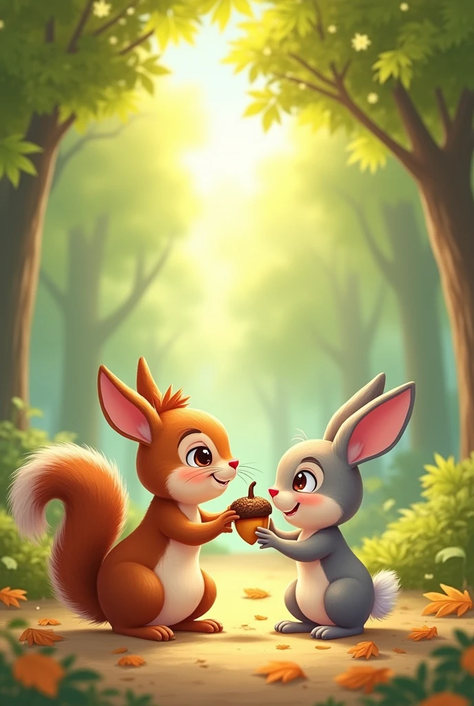 Sammy took the acorn to Tommy the rabbit. "I found this and knew it was yours," he said.
Tommy the rabbit smiled. "Thank you, Sammy the squirrel! You’re a true friend."