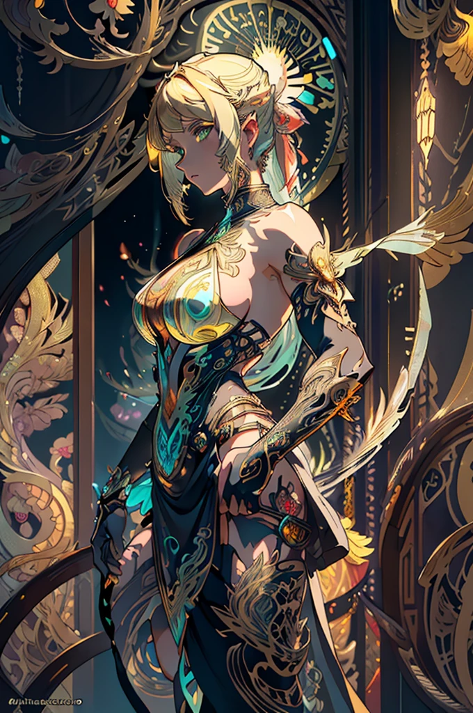 ((Alphonse Mucha "Zodiac" style)), (ink painting), (sharp sketch), art nouveau, Blonde short bob, (Long sideburns), Green eyes, vertical pupil, soro, flat chest, Black Dress, (Gloves that cover from the tips of the fingers to the upper arm), The design of the universe behind, The design of mandala behind, The design of yellow tentacles behind