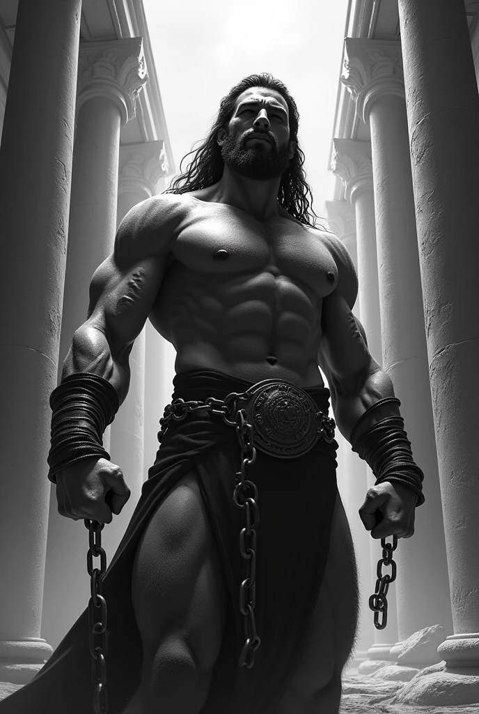 Muscular Samson with wrist chains on temple pillars with eye band p & b