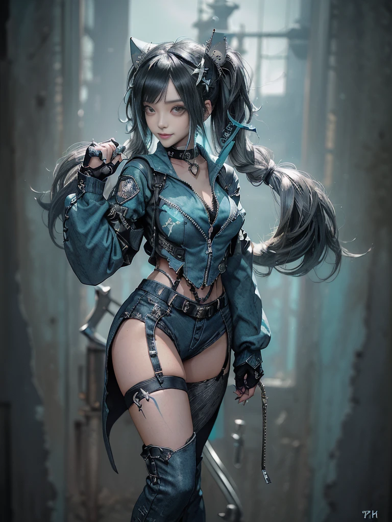 (Full Body View:1.4)、(Side view:1.1)、(Smiling with teeth showing:1.3),(Shibuya Gal:1.5)、(Playboy actress:1.5)、(Punk RockVisual Kei:1.4)、(Turquoise, navy and denim medieval noble zip up:1.5)、(Navy and white arm covers and bugle pants:1.5)、(Blue high heels:1.3)、(Wearing silver accessories:1.5)、(Dark brown collar:1.4)、(Leather garter belt:1.4)、(Brown Skin Belt:1.3)、(Black lace underwear:1.5)、20-year-old、NSFW、((Highest quality、In 8K、masterpiece:1.3))、Sharp focus:1.2、(Layered Cut、Huge boobs:1.1),Beautiful woman with perfect figure:1.4、(Doing an aerobics pose:1.3)、Slender Abs:1.2、Highly detailed face and skin texture、Detailed eyes、double eyelid,(Twin tails:1.3)、(Black Hair:1.3)、Gravure idol、(A fairytale-like cafe with a lush tree background:1.3)、(Slim Body:1.3),(Make your legs thinner:1.4),(Thin, thin thighs:1.3)、(clavicle:1.1)